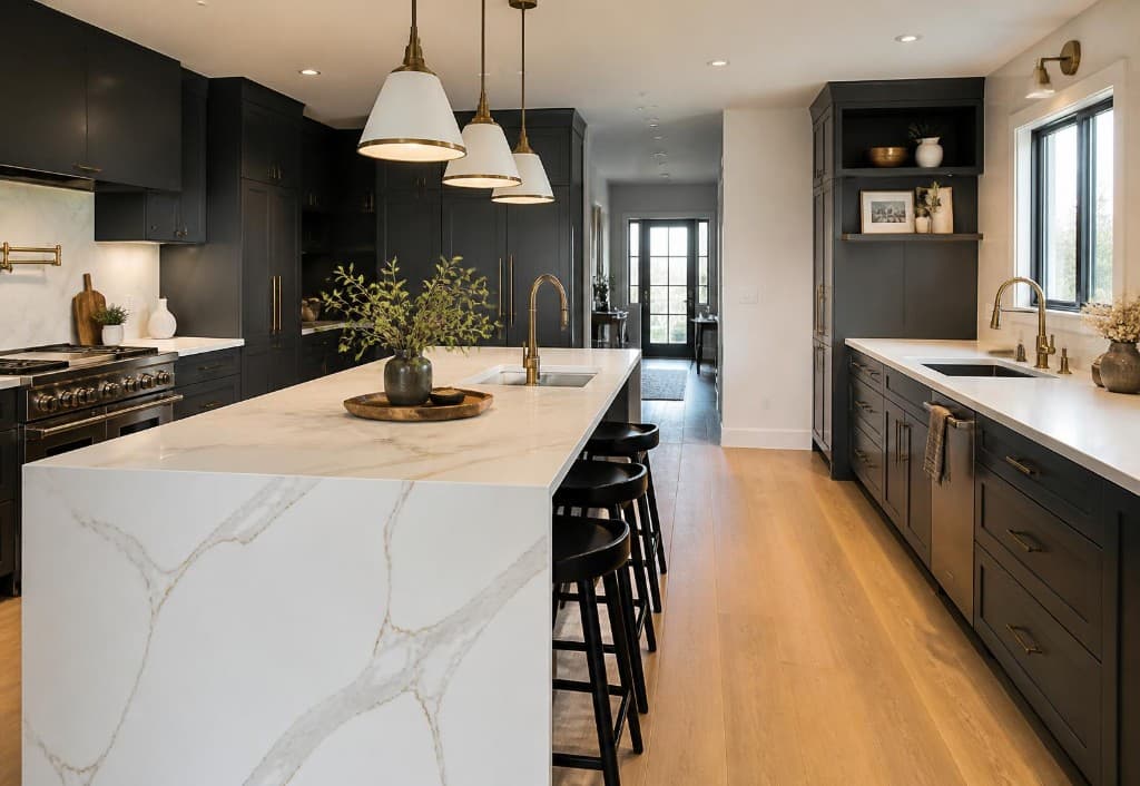 Modern luxury kitchen with dark cabinetry, a white marble waterfall island, and brass hardware